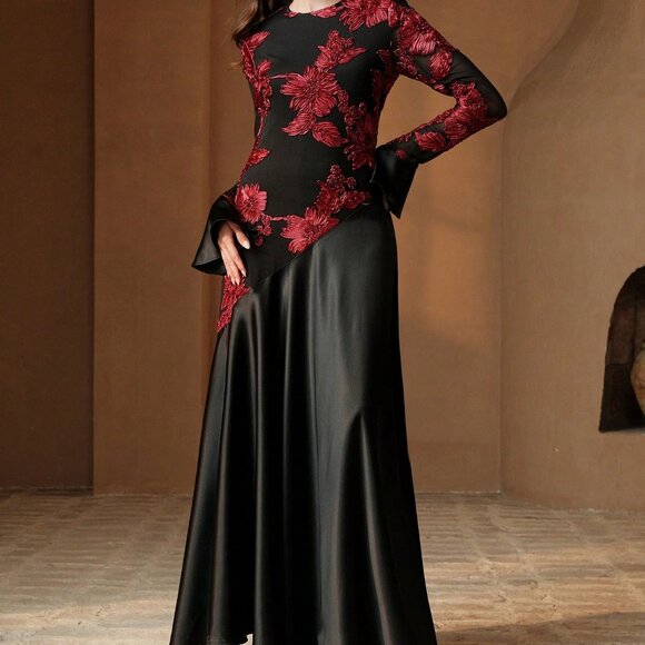 BEST SELLER Black Elegant Women's RED Floral Patchwork Round Neck mAXI Dress - Picture 4 of 7